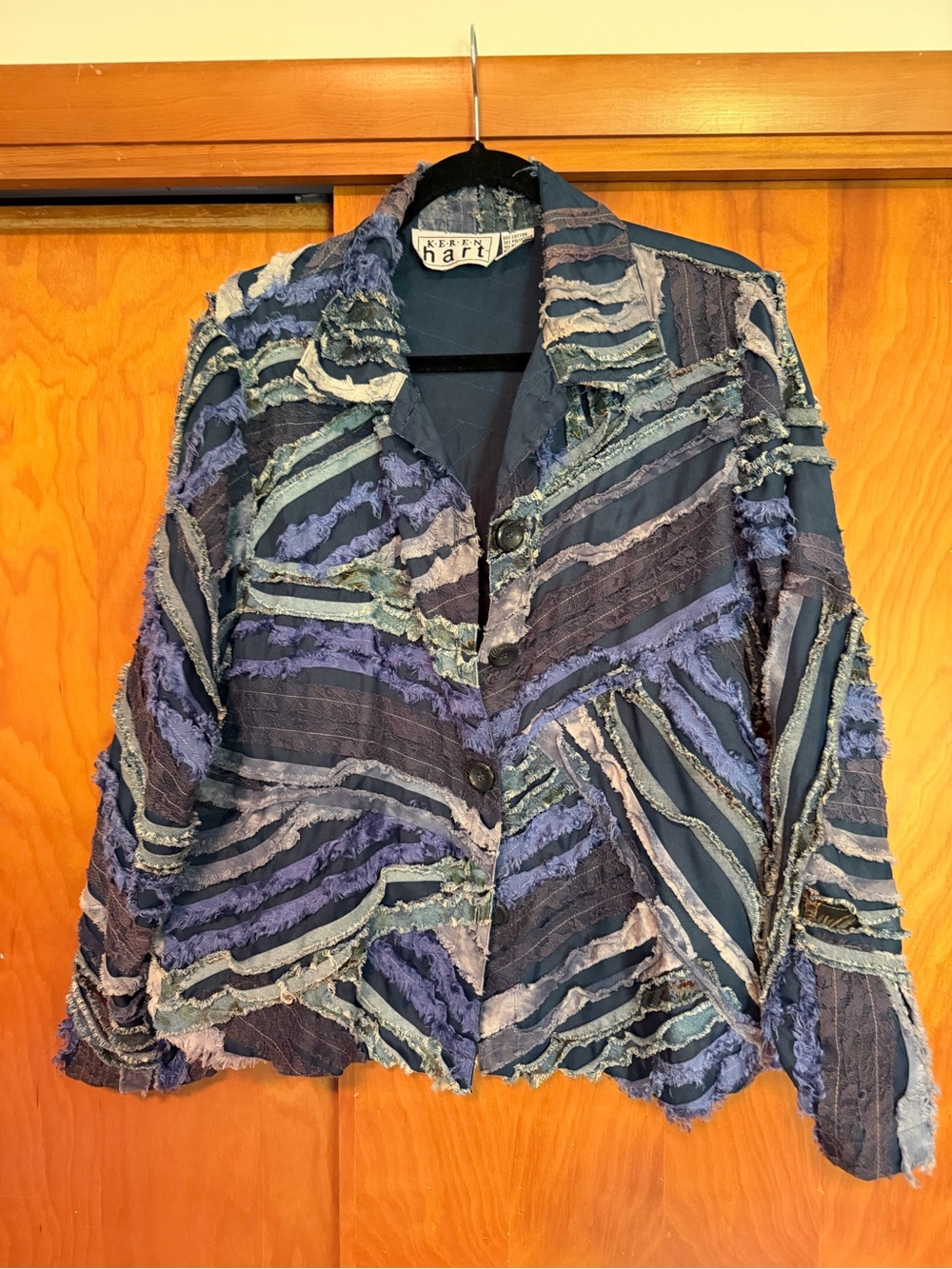 KEREN hart Blue & Purple Striped Patchwork Frayed Jacket